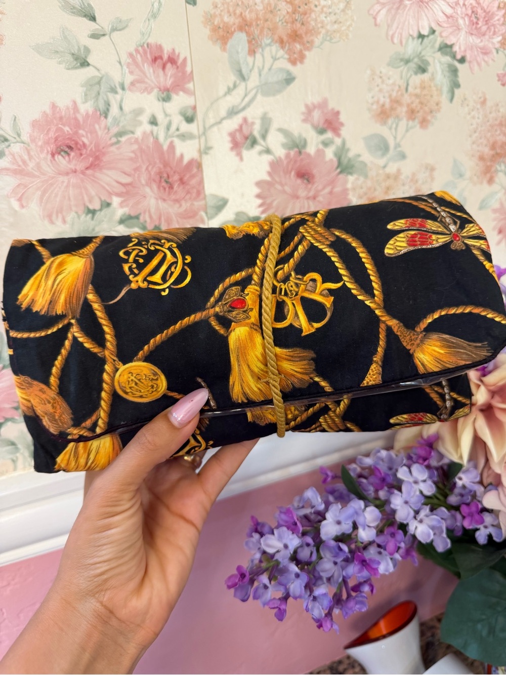 Dior Black Foldover Clutch with Gold Rope & Tassel Print